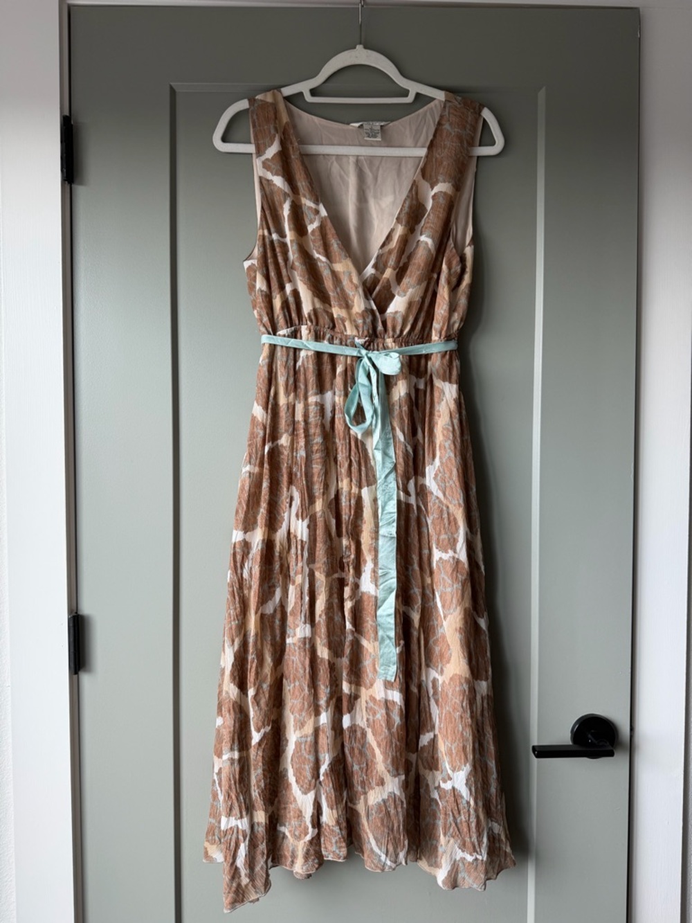 V-Neck Sleeveless Midi Dress in Brown & White Giraffe Print with Mint Tie